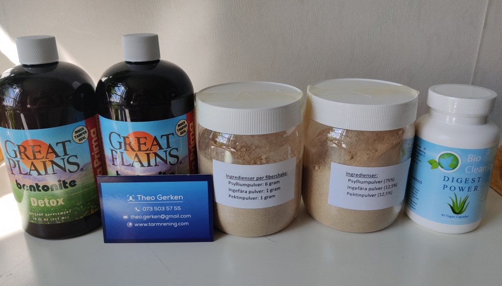 Ett 12 dagars detox paket för DIY tarmrening i hemmet. Plus Theo Gerkens visitkort.