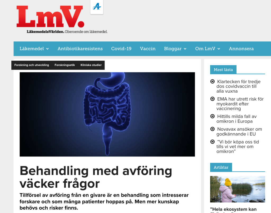 Behandling med avföring väcker frågor. LmV. FMT. Fekal transplantation.