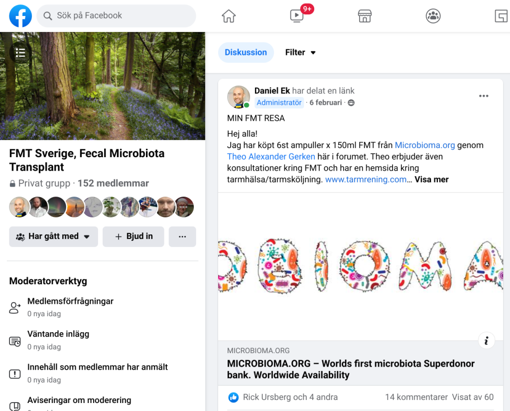 Facebook grupp FMT Sverige.  Daniel Ek beställde från microbioma.org via Theo Gerken.