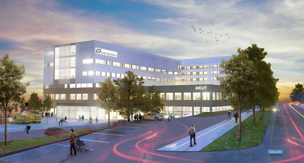 Datorgjord bild av Södertälje sjukhus.