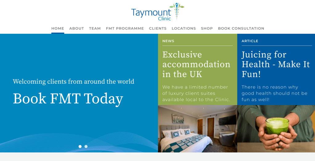 Taymount kliniken i England som ger FMT behandling. Fekal transplantation.