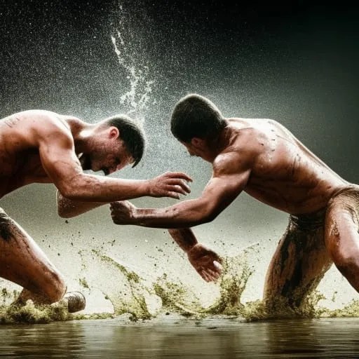 Två starka män gyttjebrottas.