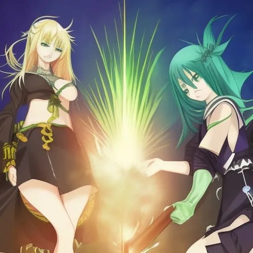 Två anime tjejer gör magi.