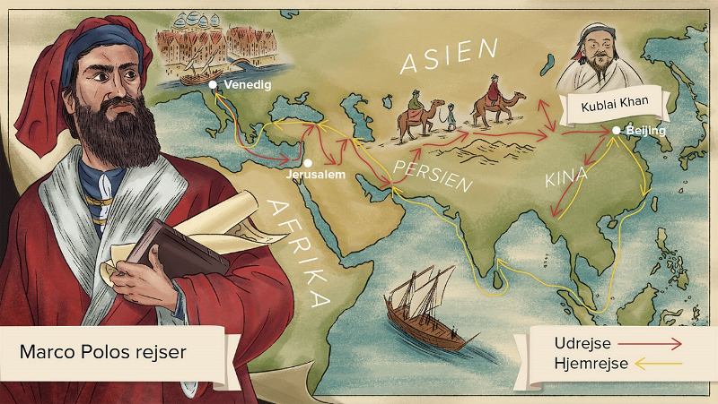 Marco Polo framför en karta av asien och afrika.