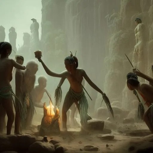 Gammal folkstam gör ceremoni med aloe vera i skogen.