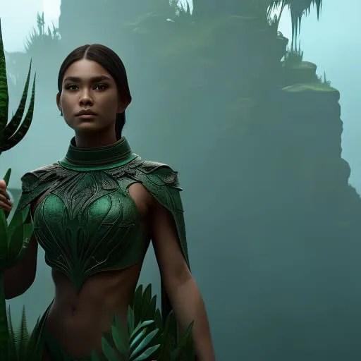 Ung vacker indiantjej posar med gröna aloe vera kläder.