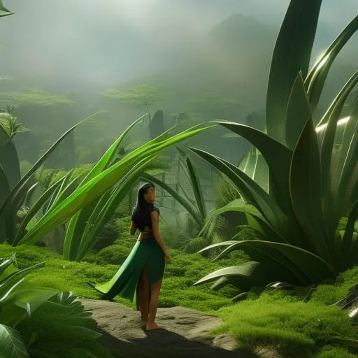 Ung söt tjej ute och går i en aloe vera skog.