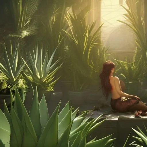 Vacker kurvig vit tjej sitter topless i en aloe vera skog.