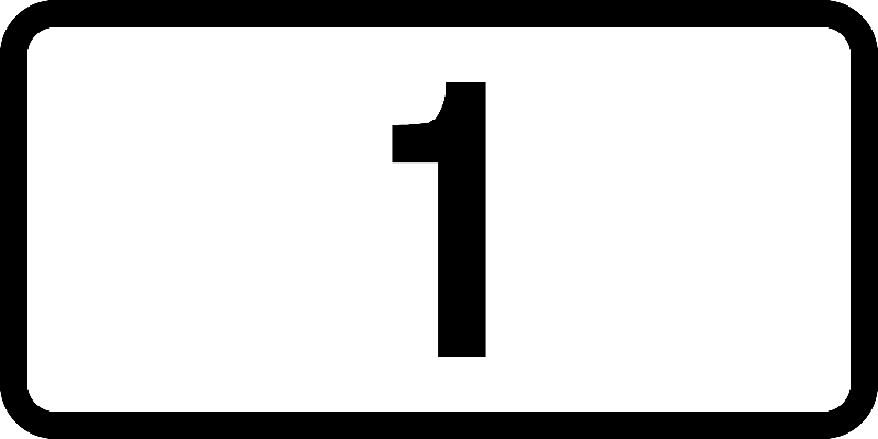 Nummer ett i svart med vit bakgrund. Skylt.