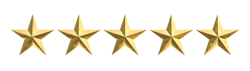 5 vackra guldstjärnor sida vid sida med vit bakgrund