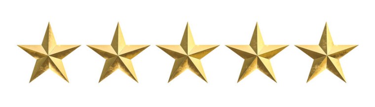 5 vackra guldstjärnor sida vid sida med vit bakgrund
