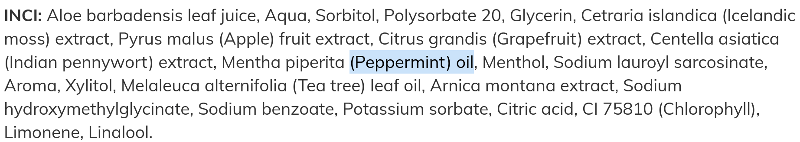 Aloe Vera Munskölj Ingredienser Peppermint Oil är markerad vilket är Pepparmyntsolja på svenska.