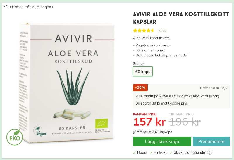 AVIVIR Aloe Vera Kosttillskott Kapslar 60 stycken 157 kr rabatt Svensk Hälsokost Screenshot.