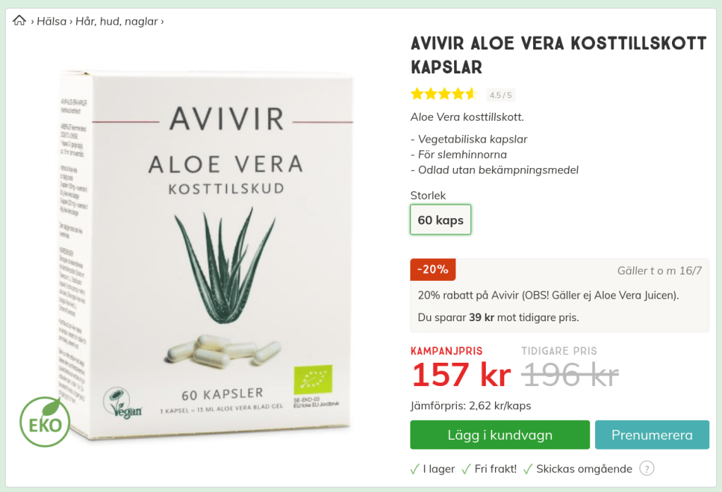 AVIVIR Aloe Vera Kosttillskott Kapslar 60 stycken 196 kr. Svensk Hälsokost. Screenshot.