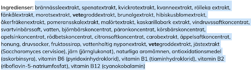 Blutsaft alla Ingredienser markerad text screenshot.