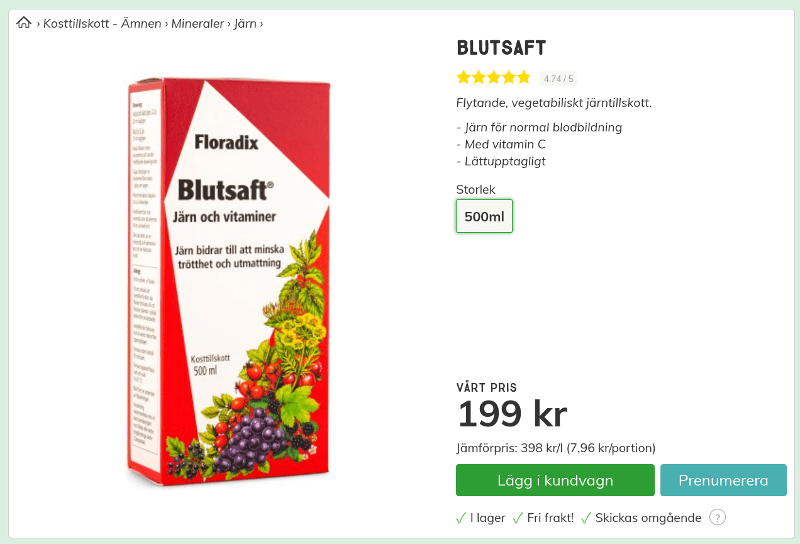 Blutsaft Järn vitamin C flytande 199 kr 500 ml Svensk Hälsokost Screenshot.