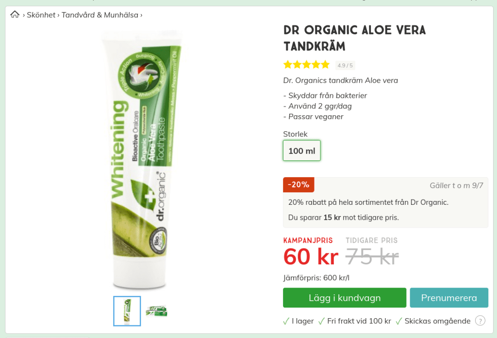 DR Organic Ekologisk Aloe Vera Tandkräm 100 ml 75 kr. Screenshot. Svensk Hälsokost.