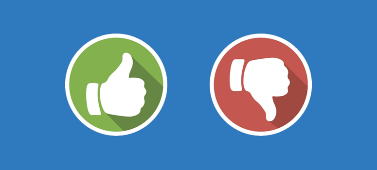 Fördelar vs nackdelar. Tummen upp tummen ner. Blå bakgrund.