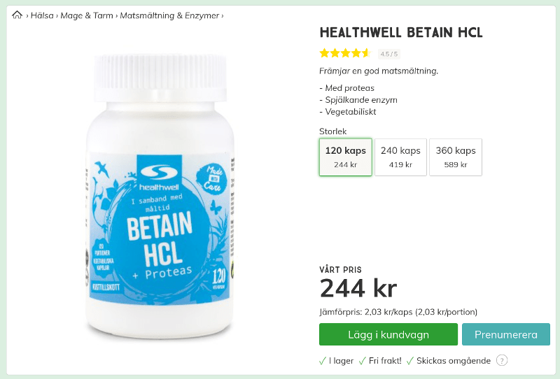 Healthwell Betain HCL Saltsyra Proteas Spjälkande Enzym Magsyra Matsmältning Svensk Hälsokost Screenshot 244 kr 120 kapslar.
