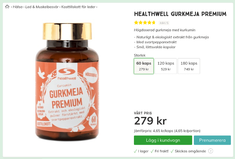 Healthwell Gurkmeja Premium ekologiskt extrakt 279 kr 60 kapslar svensk hälsokost screenshot.