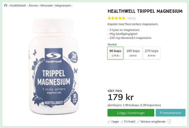 Healthwell Trippel Magnesium 90 kapslar 179 kr Svensk Hälsokost Screenshot.