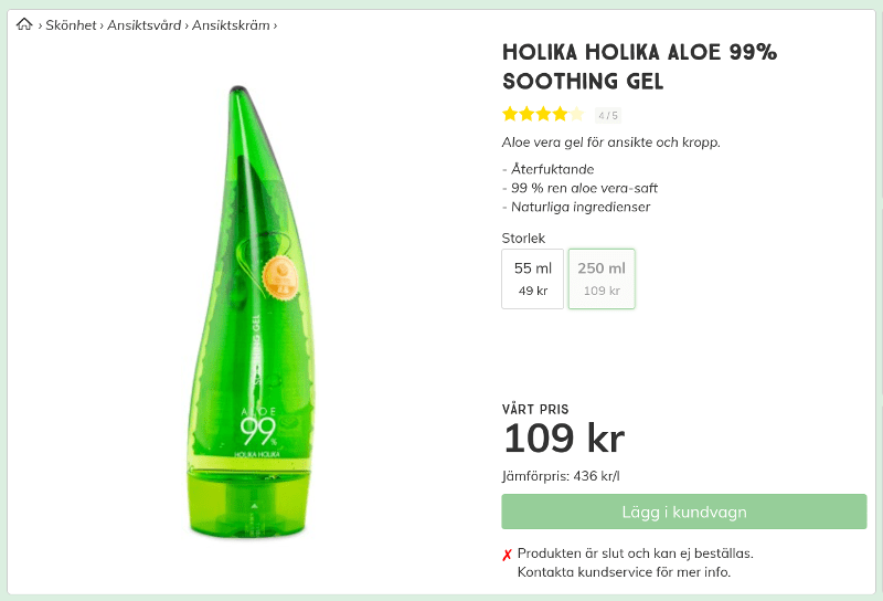 Holika Aloe Vera Soothing Gel 99%. 109 kr. 250ml. Svensk Hälsokost. Screenshot. Återfuktande.