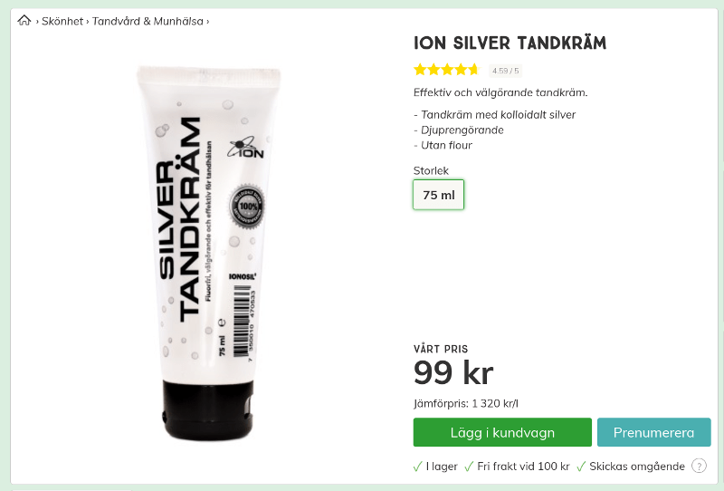 ION SILVER TANDKRÄM Tandvård Munhälsa Utan flour 99 kr 75 ml Svensk Hälsokost Screenshot.