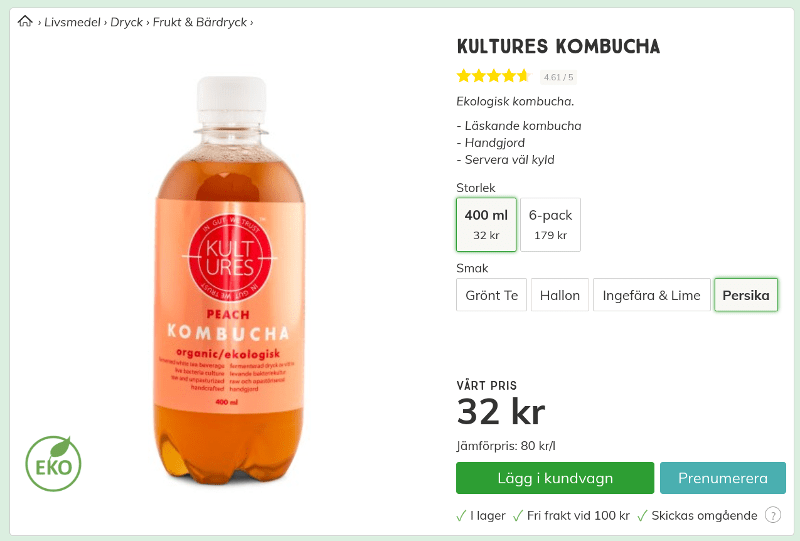 Kultures Kombucha Ekologisk 32 kr 400 ml Persika Svensk Hälsokost Screenshot.
