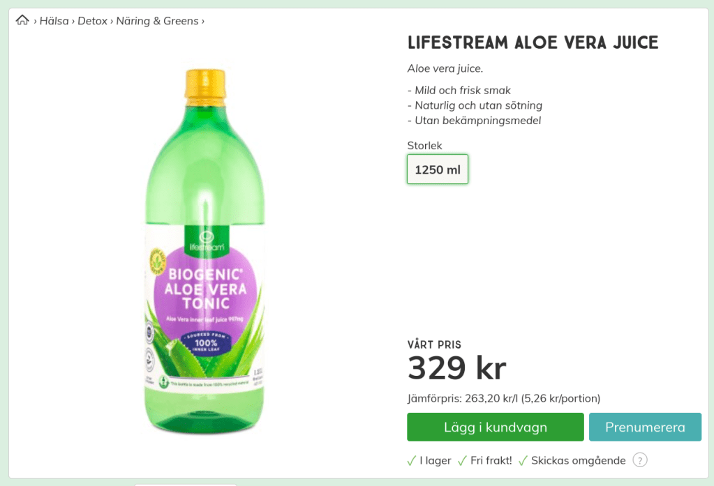 Lifestream Aloe Vera Juice 1250 ml 329 kr. Svensk hälsokost. Screenshot.
