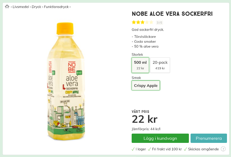 NOBE Aloe Vera Dryck Crispy Apple Sockerfri 500 ml 22 kr Svensk Hälsokost Screenshot.