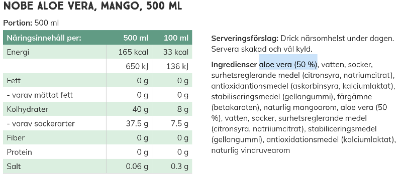 Nobe Aloe Vera Mango 500 ml Näringinnehåll aloe vera 50% alla ingredienser