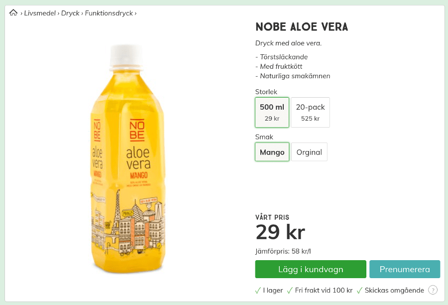 Nobe Aloe Vera Mango Dryck 500 ml 29 kr Svensk Hälsokost Screenshot.