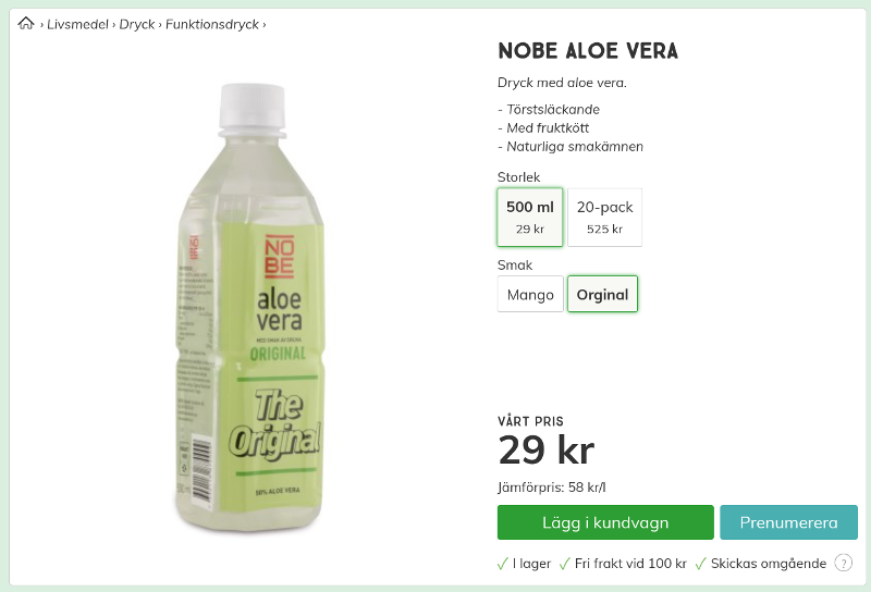 NOBE Aloe Vera Original Dryck 500 ml 29 kr Svensk Hälsokost Screenshot.