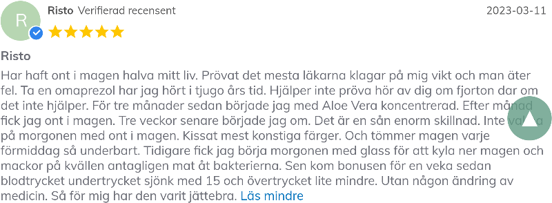 Recension av Risto på Avivir Aloe Vera Juice på Svensk Hälsokost 5 av 5 stjärnor screenshot från 2023. Ont i magen.