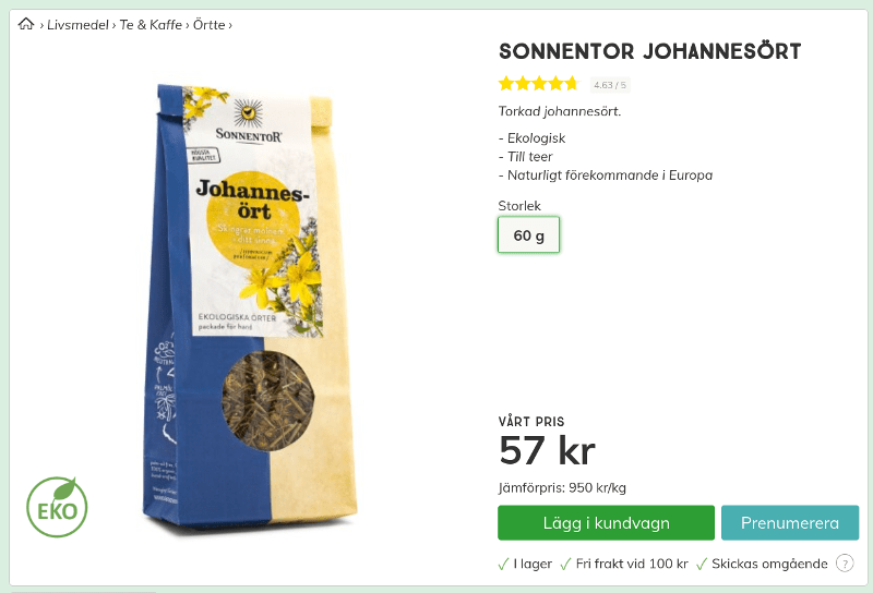SONNENTOR Johannesört Te Ekologisk Naturligt förekommande i Europa 57 kr 60 gram Svensk Hälsokost Screenshot.
