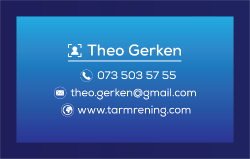 Theo Gerken visitkort baksida med kontaktinformation.