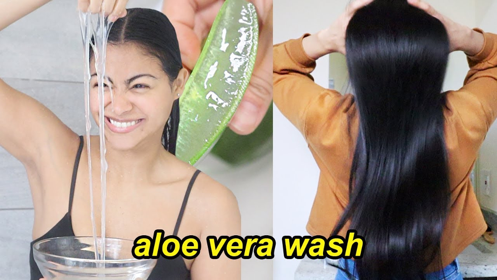 Mycket snygg tjej använder aloe vera för håret. Hon har långt svart glansigt tjockt hår.
