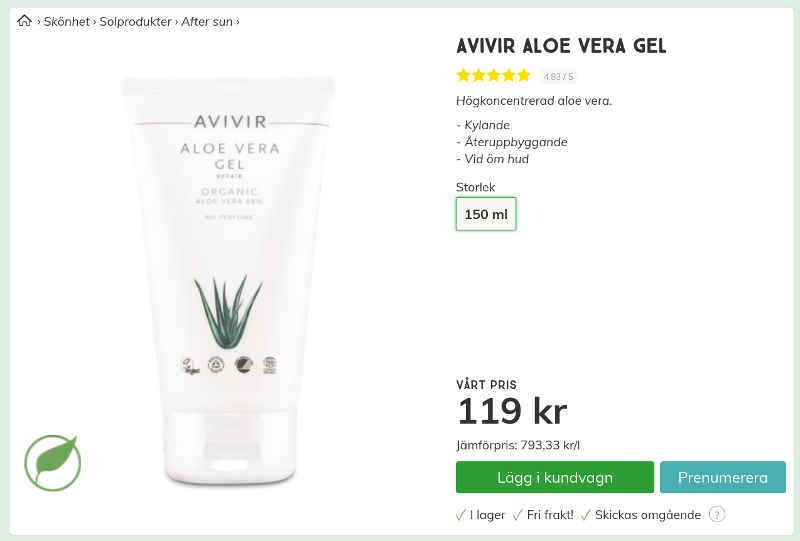 Avivir Aloe Vera Gel Ekologiskt 150 ml 119 kr Svensk Hälsokost Screenshot.