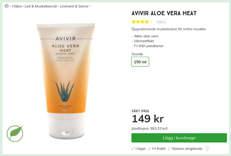 Avivir Aloe Vera Heat Liniment 150 ml 149 kr. Svensk Hälsokost. Screenshot.