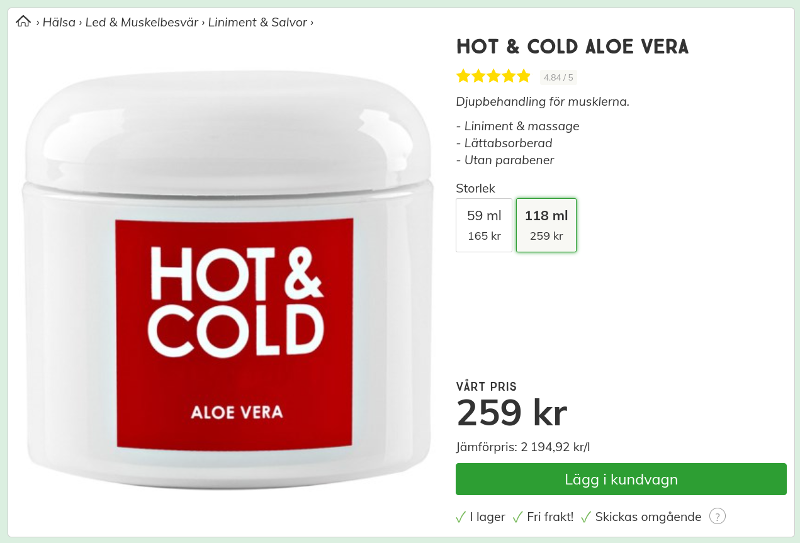 Hot & Cold Aloe Vera Salva Liniment 259 kr 118 ml Svensk Hälsokost Screenshot.