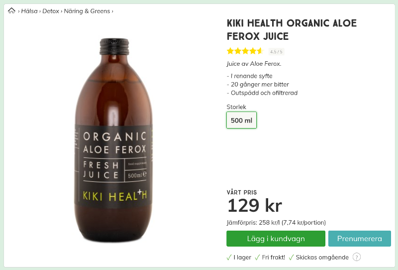 Kiki Health Ekologisk Aloe Vera Juice Aloe Ferox Svensk Hälsokost 129 kr 500 ml Screenshot.