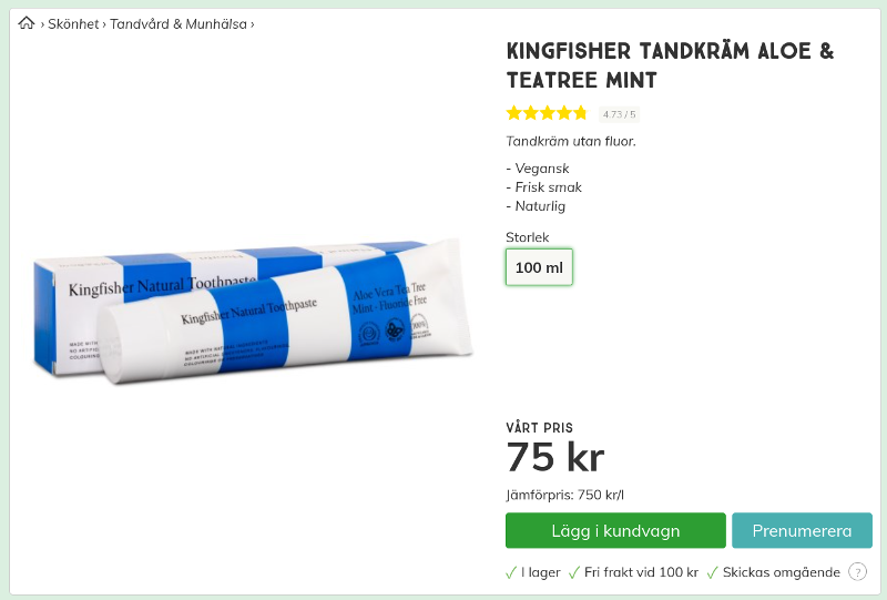 Kingfisher Aloe Vera Mint Tandkräm 75 kr 100 ml Svensk Hälsokost Screenshot.